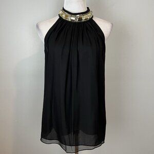 Milly New York Black Chiffon Blouse Size 8 Jeweled High Neckline Sleeveless Silk